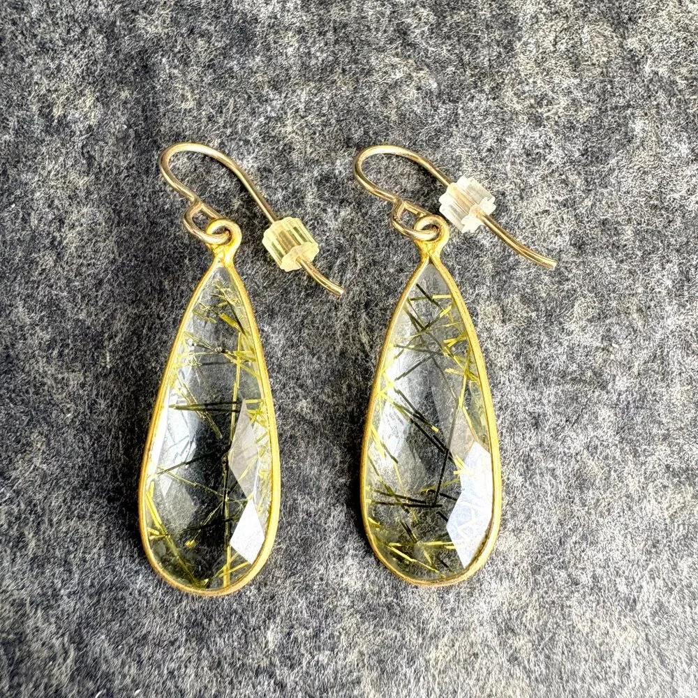 Golden rutile quartz teardrop earrings - wire pierced - bohemian style